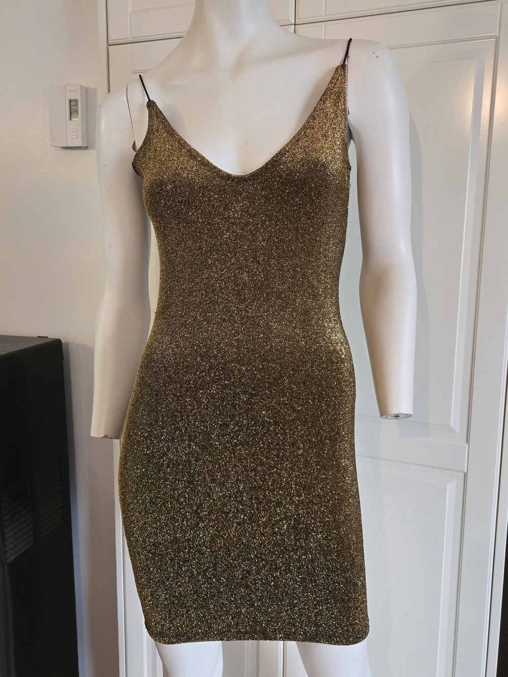 Revamped Metallic Gold Glitter Slip Mini Dress